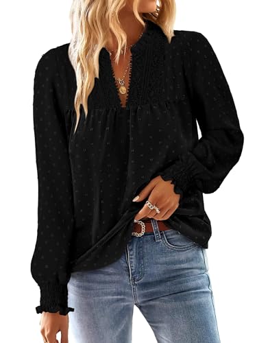 BETTE BOUTIK Women Boho Long Sleeve Shirts Dressy Casual V Neck Fall Fashion Tops Swiss Dot Flowy Blouses