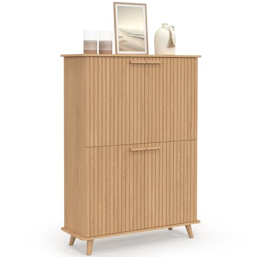 IDMarket - Meuble de Rangement 4 Portes Juliette Effet Lattes tasseau Bois Coloris chêne