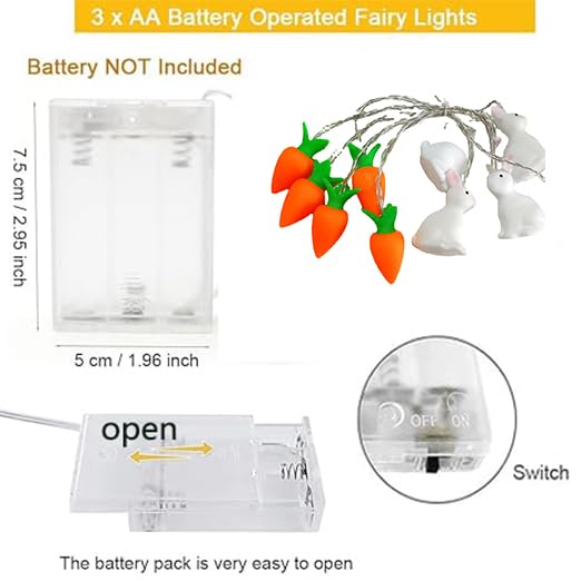 Filo di luci a LED con coniglietto pasquale e carota, 20 m, 20 LED, funzionamento a batteria, decorazione pasquale per interni, per feste, casa, interni ed esterni (bianco caldo)