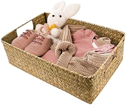 Sobotoo Woven Wicker Storage Bins with Lid, Button Hand-woven Rattan Desktop Storage Box Storage Basket Rectangular Household Organizer Boxes Shelf Wardrobe Organizer for Shelf Organizer (M-13x9x4in)