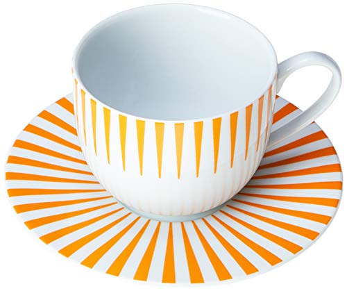 Estojo com 6 xícaras de chá com pires. Modelo redondo aba larga. Decoração sol laranja. Fabricado pe