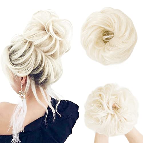 Platinum Blonde Bun Extensions Blonde For Women Grils 1Pc Curly Wave Messy Bun Hair Pieces Tousled Updo Bun Hair Extension Wavy Fibre Hair Bun Hair Piece Black Bun Hair Piece for Women (Platinum Blonde)
