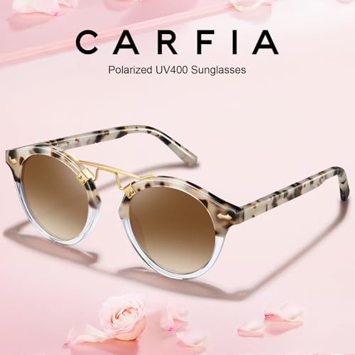 Image of CARFIA Double Bridge Small Acetate Sunglasses for Women Polarized, Retro Metal Brow Ladies Sunnies Fashion Round Eyewears