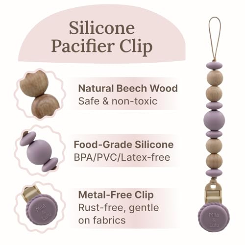 Image of Silicone Pacifier Clip - Metal-Free, Rust-Free, 100% Food-Grade Silicone and Natural Beech Wood, Secure Pacifier Holder for Babies- Mauve - Mila & Lulu | Metal-Free and Rust-Free