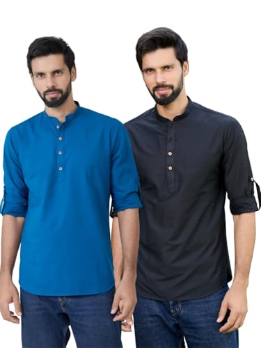 Image of See Designs Men's Roll-Up Sleeve Mandarin Collar Cotton Solid Short Kurta (Pack of 2) - Festive Collection