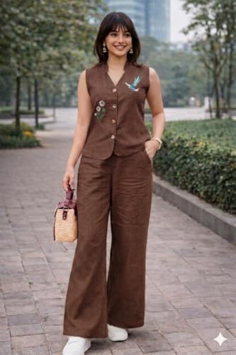 Image of Lyssa Yellow Ember Embroidered Co-Ord Set for Women, Sleeveless Vest with Wide-Leg Trousers