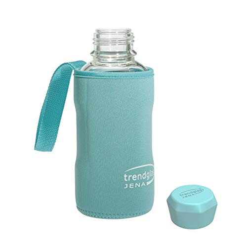 Trendglas Jena - Juego de botella de vidrio de borosilicato graduado con tapón azul, 500 ml y funda de neopreno azul Cover