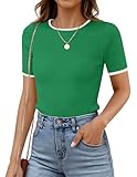 ZESICA Women's Summer Short Sleeve Ribbed Knit Slim Fit T Shirt 2025 Crewneck Basic Casual Color Block Tee Tops,Green,Medium