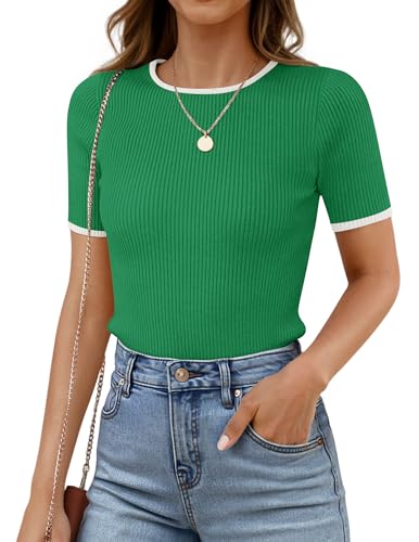 Image of ZESICA Women's Short Sleeve Sweater Tops 2026 Summer Crewneck Basic T Shirt