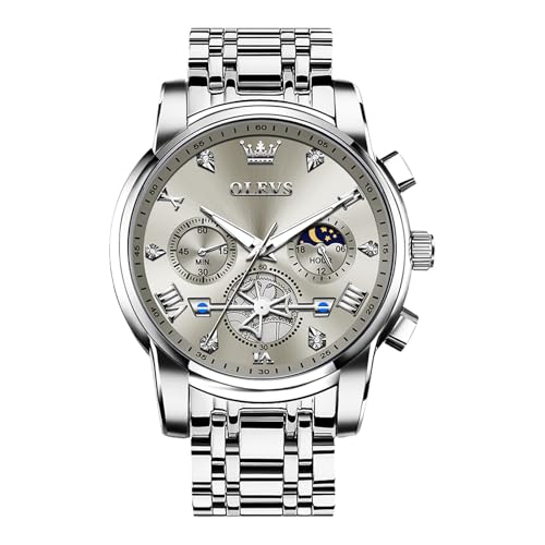 Image of OLEVS Men Watches Stainless Steel Chronograph Watch, Large Wrist Analog Quartz Watch, Fashion Waterproof Diamond Roman Numerals Dress Watches for Men, Gold /Black /White /Blue /Grey Dial