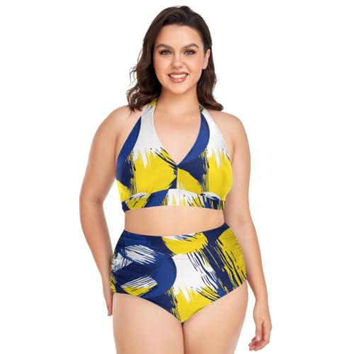 Maillot de bain deux pièces jaune et bleu avec taille réglable pour grandes tailles