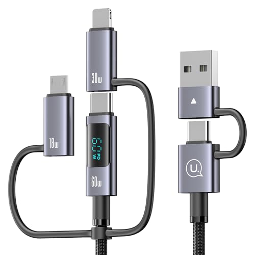 USB 充電ケーブル 6in1 1本6役 ワット表示 PD60W対応 急速充電 高速データ転送 USB Type C/Micro/IP-USB C/A ケーブル 充電コード 高耐久ナイロン編み 一本多役 多機種対応 (1.2M)