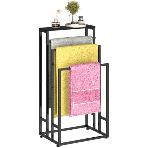 Handtuchhalter Stehend, 3-Stufiger Handtuchständer Freistehend mit Holz Ablage, Metall Kleiderablage mit Verstellbaren Füßen, Herrendiener für Badezimmer & Schlafzimmer, 40x30x82cm Schwarz