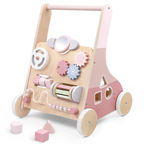 PairPear Wooden Baby Walker Push and Pull Learning Activity Walker,Toddler Sit to Stand Push Walker Toys Gift for Baby Boys and Girls 12 m+