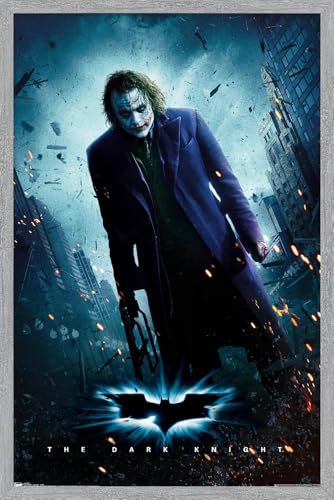 Trends International DC Comics Movie The Dark Knight - The Joker - One Sheet Wall Poster, 22.4L x 14.7W, Gray Framed Version