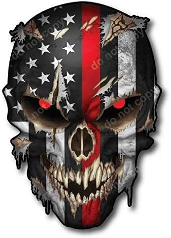 Image of Thin Red Line Firefighter Skull Decal Sticker with Reflective red Eyes for Cars Trucks Window Windshield Graphic Glass Bumper Vinyl - Safe for Vehicle Paint