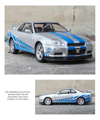 Image of 1:24 Nissan Skyline GT-R R34 Diecast Model Car, Pull Back Toy with Sound & Light, Collectible for Kids & Adults (Silver)