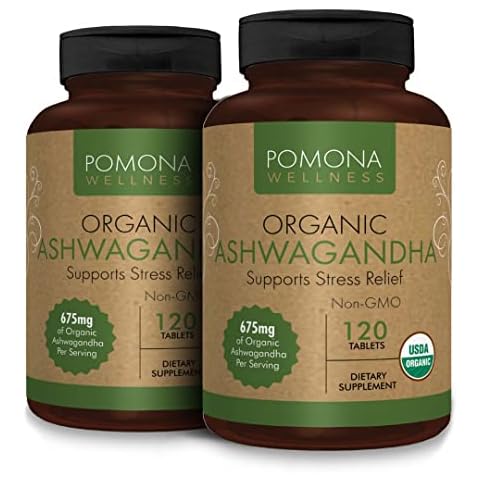 Pomona Wellness Organic Ashwagandha Supplement for Stress Support, 1,350 mg Mood Enhancer & Thyroid Support, USDA Organic, Vegan, Non-GMO, 120 Ashwagandha Root Powder Tablets (2 Pack) Cover