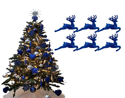 Simply Products Pack of 6 - Hanging Glitter Reindeer Christmas Tree Decorations - 2.2cm x 9.5cm (Royal Blue)