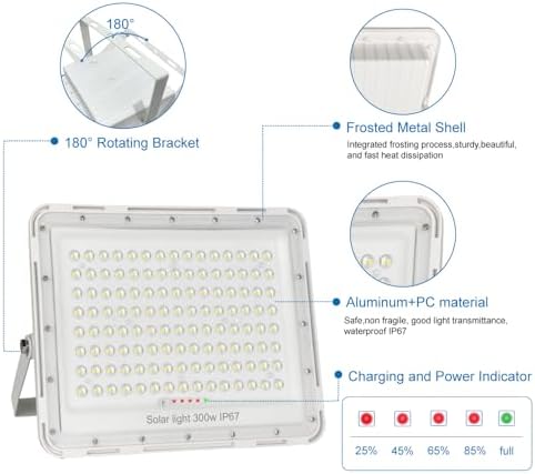 300W LED Solar Flood Lights,20000Lumens Street Flood Light Outdoor IP67 Waterproof with Remote Control Security Lighting for Yard, Garden, Gutter, Swimming Pool, Pathway, Basketball Court, Arena