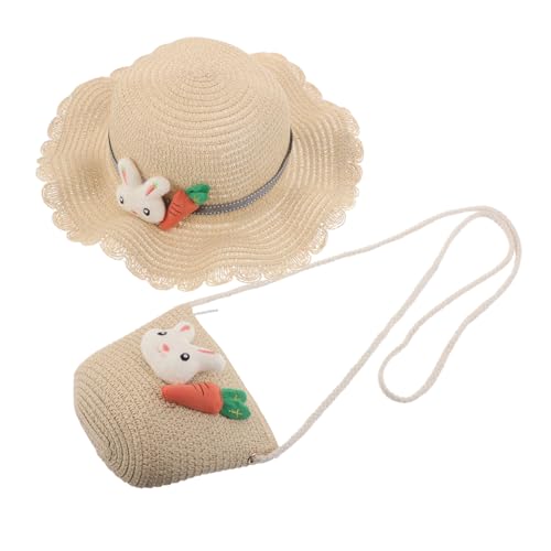 Chapeau de plage enfant en paille beige et son sac pour les vacances