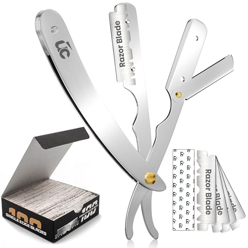 Utopia Care Professional Straight Razor for Men, Barber Straight Edge Razor Safety with 100 Pack Blades, Silver