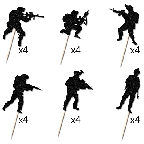 Kaoenla Military Themed Soldier Cake Toppers - 24 Pieces Paper Cups Black Glitter Soldier's Day, Veterans, Men's Birthday, Navy Army Special Forces Decorations #TOP4