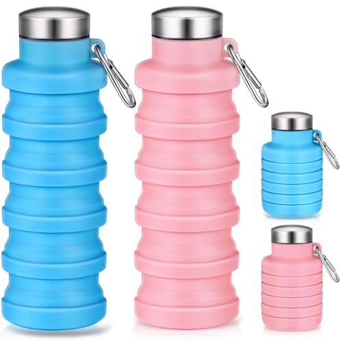 Baderke 2 botellas de agua plegables de 17 onzas para viajes, botella de agua de silicona plegable reutilizable con hebilla portátil de silicona para camping, senderismo, deportes (rosa, azul)