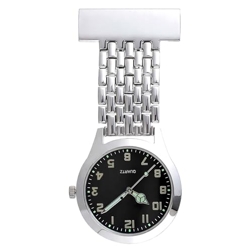 Oupdate Nurse's Fob Watch, Stainless Steel Quartz Doctor Pocket Watches for Women Men Clip on Watches Glow in Dark Easy to Reader Stylish Nurse Watch Brooch Suitable for Doctor-Black