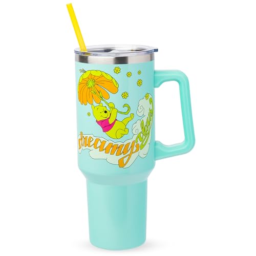 Silver Buffalo Disney Winnie the Pooh “Dreamy Days” Retro Art Double Walled Stainless Steel Tumbler with Handle and Straw, Fits in Standard Cup Holder, 40 Ounces