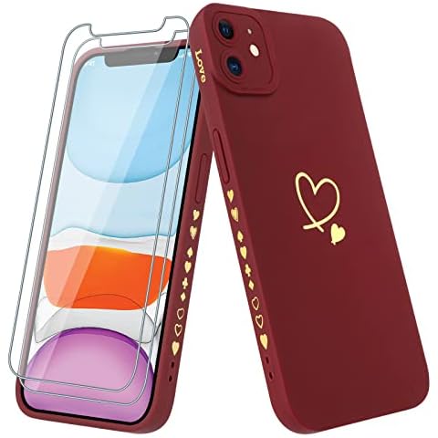 Vauki Case for iPhone 11 with 2 x Screen Protector Mobile Phone Case Girl with Heart Motif Pattern Soft Thin Silicone TPU Shockproof Scratch-Resistant Case Compatible with iPhone 11, Claret Cover