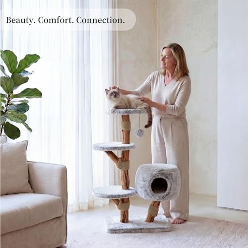 Torre moderna para gatos con rascador y cama de madera miniatura 5