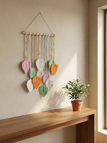 Image of JH Gallery Macrame Leaf Wall Hanging, Boho Theme Home Decor Tapestry with Wooden Beads, Handmade Macrame Wall Decor for Bedroom, Living Room and Balcony. (Multicolor)