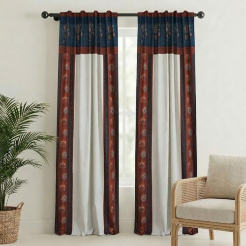 Image of Peepul Tree Handprinted Floral Striped Ornamental Door Curtain in Ivory Maroon and Navy Blue | 7 Feet | Pack of 1| Back Loop Curtain | 70% Light Blocking | Semi Blackout| Breathable Drapes