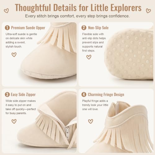 Image of Meckior Baby Girls Cowboy Tassel Boots Side Zipper Moccasins Soft Bottom Non-Slip Toddler Shoe