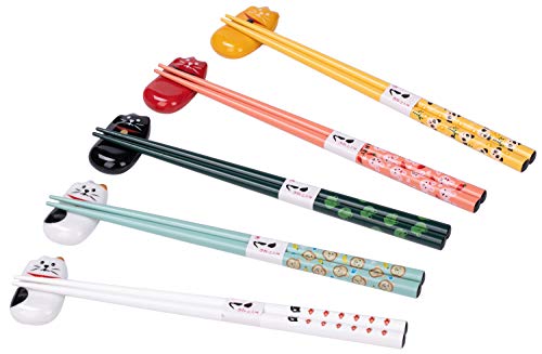 YUESHICO Chopsticks and Chopstick Holder - Cute Chopsticks and Lucky Cat Chopstick Rest Set, 5 Animal Chopsticks and Cute Lucky 5 Cats Natural Wood Reusable Chopsticks, Chopsticks Holder Gift Set