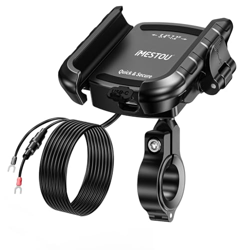 iMESTOU Aluminio Soporte Móvil Moto con USB Cargador, Carga Rápida Soporte Movil USB C para Moto, Compatible con Teléfonos de 5.4' a 7.2' de Hasta 15 mm de Grosor, se Adapta a Manillares de 12 a 32 mm