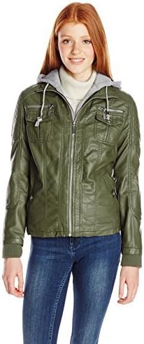 YMI Women's Faux Leather-Bomber Jacket with Removable Hoodie