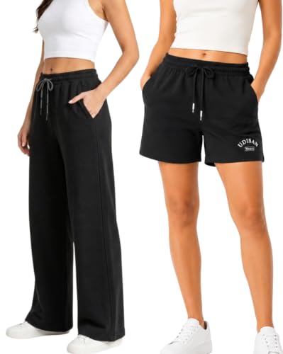 Image of Stylbase Women's Wide Leg Combo Track Pants - Elastic Drawstring Waist - Soft Breathable Cotton Relaxed Fit Lounge & Travel Trousers for Women & Girls (Pack of 2)