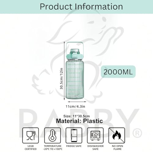 Image of RABBY 2L Motivational Water Bottle for Kids & School Use | Time Marker, BPA-Free, Leakproof Straw Lid, Carry Strap | Plastic Water Bottle for Travel, Sports, Gym, Office (Sea Green 1Pcs)