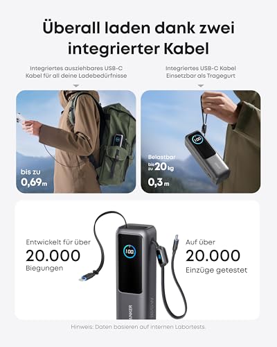 Anker Laptop Powerbank, 25.000mAh externer Akku mit 3X 100W USB-C Ports für Multi-Geräte-Ladeleistung, Integriertes + einziehbares Kabel, Für iPhone 16/15, MacBook, Samsung und mehr – Bild 4
