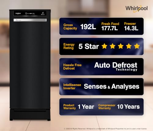 Image of Whirlpool 192 L 5 Star Vitamagic PRO Frost Free Direct-Cool Single Door Refrigerator (215 VMPRO ROY 5S INV GRAVITY BLACK-Y,Fridge, Black, Auto Defrost Technology, 2026 Model)