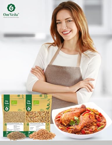 BIO Kreuzkümmel 75g + BIO Koriander 100g | Indische Gewürze SET 175g | Organic Bio-zertifiziert DE-ÖKO-039 | Kumin Cumin Jeera Coriander SET | Für Küche und Tee | OmVeda