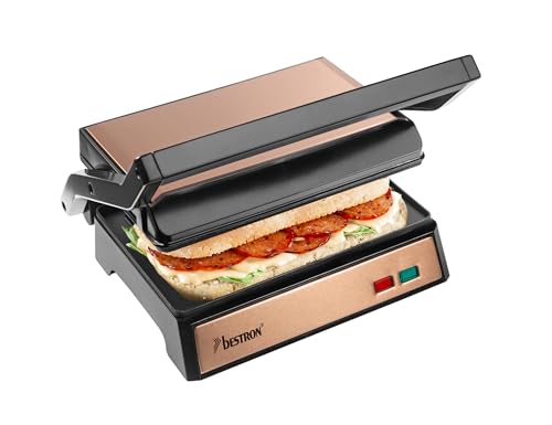 Bestron Griglia elettrica a contatto con vaschetta di raccolta, con manico Cool Touch e apertura a 180°, paninimaker con rivestimento antiaderente, modello principiante, collezione in rame, colore: