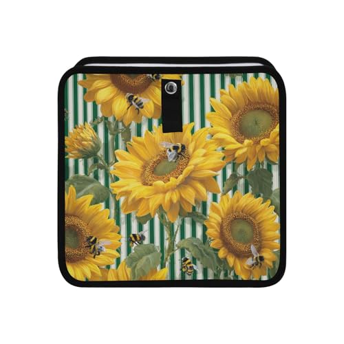 Image of Car Trash Can Organizer Bin with Adjustable Strap for Back Front Seat Console Waterproof Leakproof Collapsible Portable 8.66 Inch Green Striped Sunflowers and Honey Bees