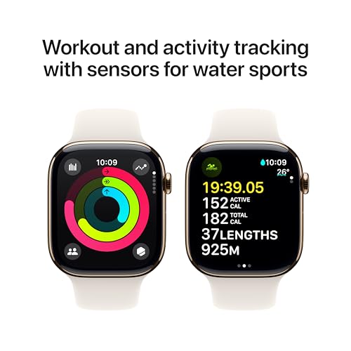 Image of Apple Watch Series 10 [GPS + Cellular 46 mm] Smartwatch with Gold Titanium Case with Starlight Sport Band- M /L. Fitness Tracker, ECG App, Always-On Retina Display, Water Resistant