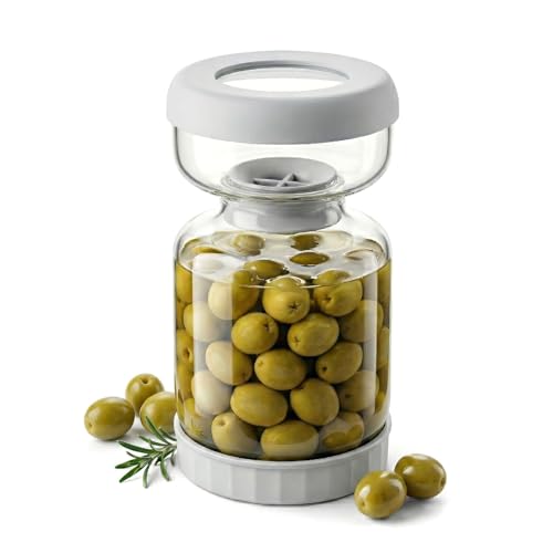 Homnoble Gurkenglas zum Umdrehen 1L Glas Einlegeglas mit Sieb Sanduhr Pickle und Olive Jar Flip Food-grade ABS Deckel und BPA Frei für Essiggurke Olive Kimchi Jalapenos