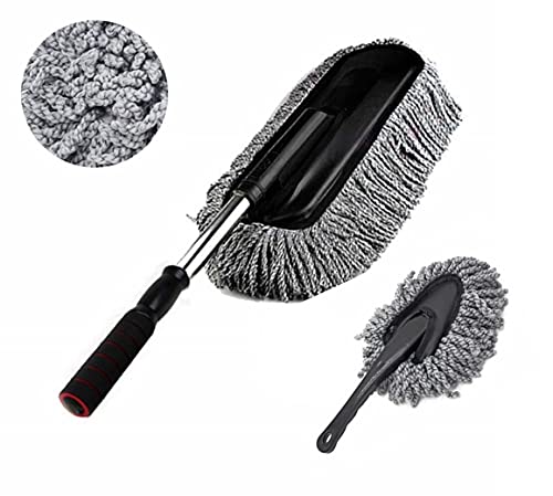 Bargain Crusader Removable Telescopic Car Wax Drag Nano Fiber Car Wash Brush Car Dusting Tool Car Mop Wax Dash Duster Exterior Interior Cleaning Kit (Premium Car Duster & Dash Duster 2 Pcs Set, Gray)