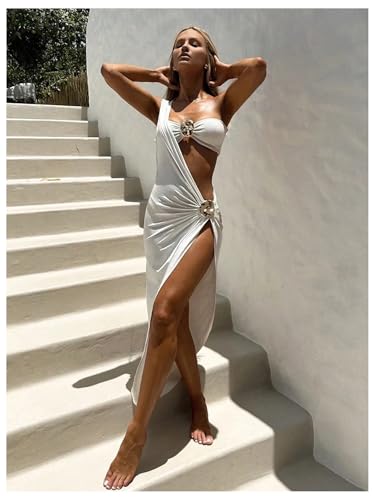 SOLY HUX Women's 3 Piece Swimsuit Bandeau Bikini Set Bathing Suit with Cover Up Dress3