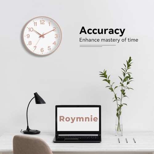 Image of Roymnie Wall Clock, Silent Wall Clocks Battery Operated 8 Inch-Modern Non Ticking Analog Clock Decorative for Kitchen Office Bathroom Bedroom(White Rose Gold)